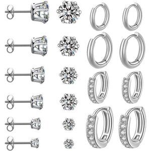 10 Pairs Silver Stud Earrings and Hoop Earrings for Women, Surgical Steel